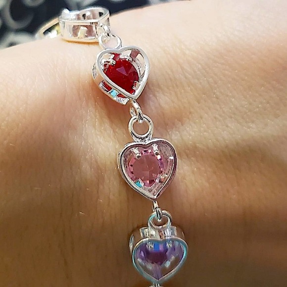 Sterling Silver Heart Multicolor Gemstone 925 Stamped Bracelet - Picture 10 of 12